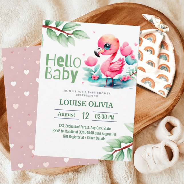 Invitation Bonjour Flamant rose bébé Baby shower Eucalyptus  (Créateur téléchargé)