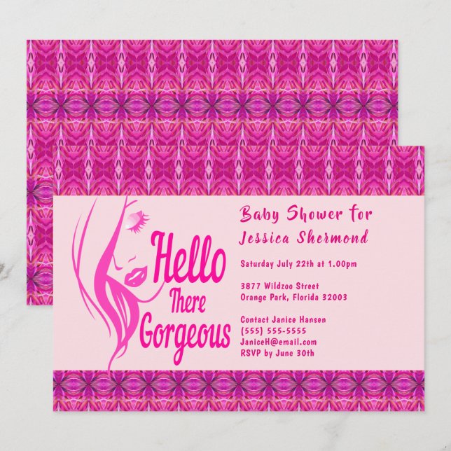 Invitation Bonjour Lady Face Motif rose Baby shower (Devant / Derrière)