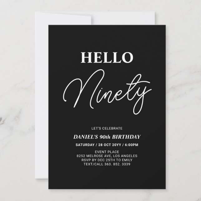 Invitation Bonjour Ninety | Blanc sur Black 90th Birthday Par (Devant)