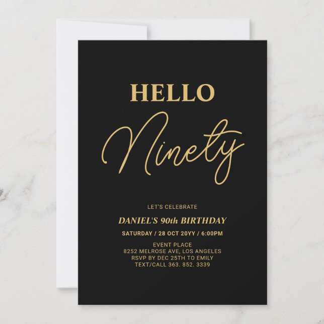Invitation Bonjour Ninety | Gold & Black 90th Birthday Party (Devant)