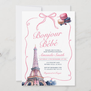 Invitation Bonjour Pink Bow French Baby shower Café Parisien
