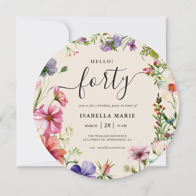 Invitation Bonjour Quarante Joli Floral 40e Anniversaire (Devant)