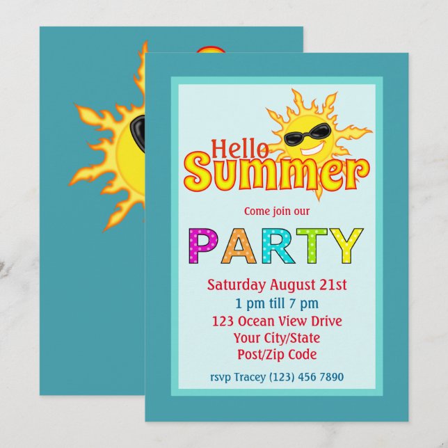 Invitation Bonjour Summer Sun Party (Devant / Derrière)