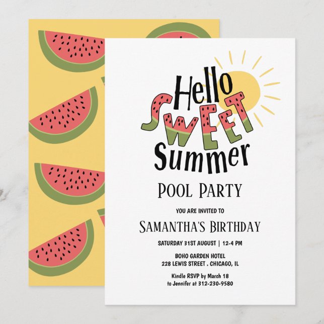Invitation Bonjour Sweet Summer Watermelon Pool Anniversaire (Devant / Derrière)