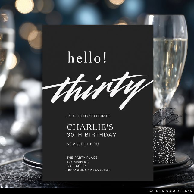 Invitation Bonjour Trente Black Modern Script 30e Anniversair (The front and back of the invitation are shown at 5x7-inch size. Choose size, paper, + corner style.)