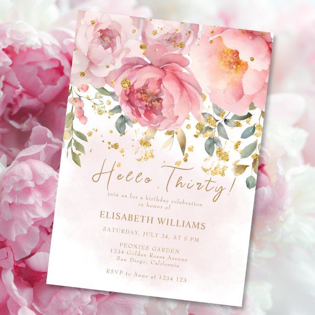 Invitation Bonjour Trente Blush Rose Floral 30e fête d'annive (Créateur téléchargé)