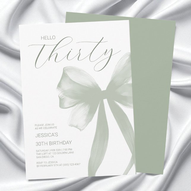 Invitation Bonjour Trente Elégante Bow Green 30e Anniversaire (Hello Thirty Elegant Green Bow 30th Birthday Invitation)