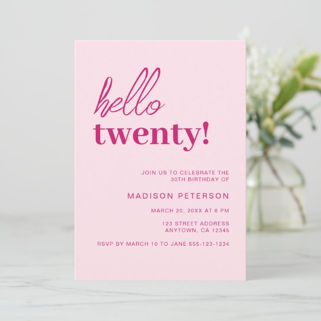 Invitation Bonjour Vingt moderne Blush rose fête d'anniversai (Debout devant)