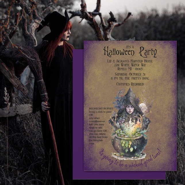 Invitation Bonne sorcière à la fête d'Halloween (Wicked witch brewing up some Halloween magic on this party invitation.)