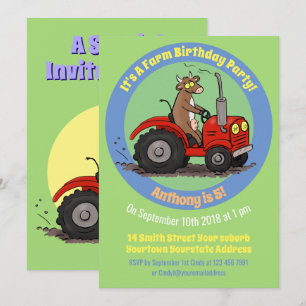 Invitation Bonne vache conduisant un tracteur rouge dessin an