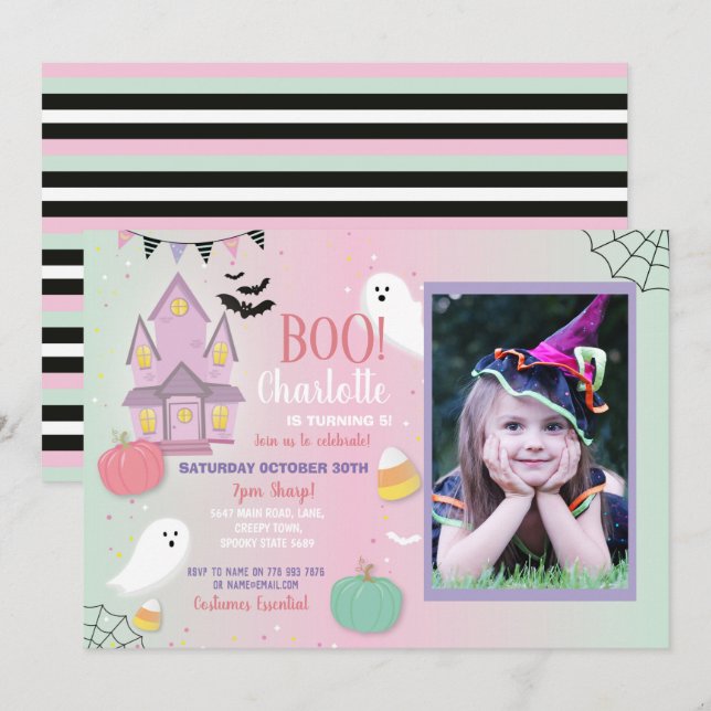 Invitation Boo Anniversaire de enfant Halloween Pink Mint Fun (Devant / Derrière)