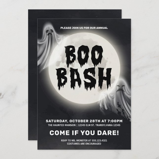 Invitation Boo Bash, parti d'Halloween (Devant / Derrière)