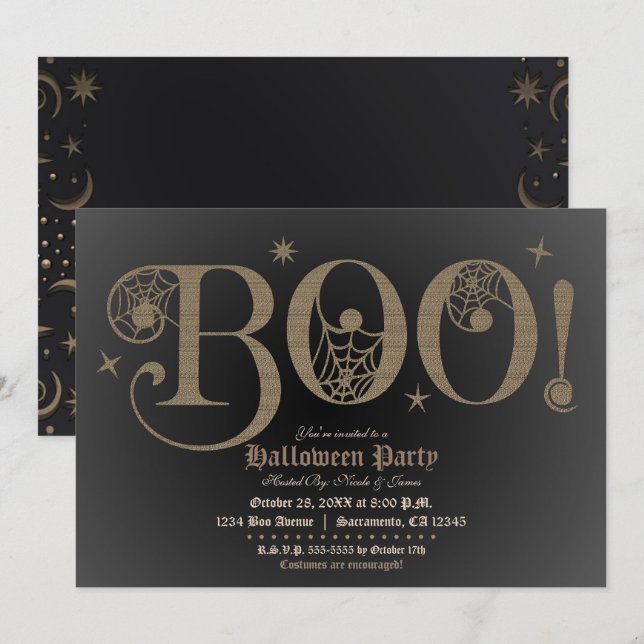 Invitation BOO Brown Rustique Élégante fête costumée Hallowee (Devant / Derrière)
