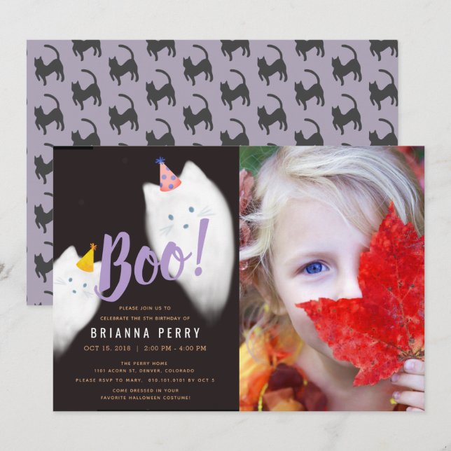 Invitation Boo ! Chat fantôme Halloween violet Photo Annivers (Devant / Derrière)