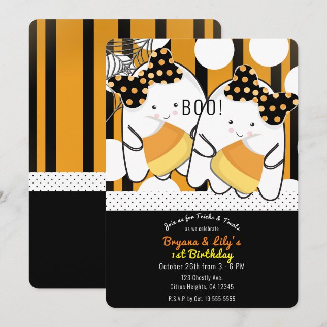 Invitation Boo Cute Ghost Twin Girls Halloween fête d'anniver (Devant / Derrière)