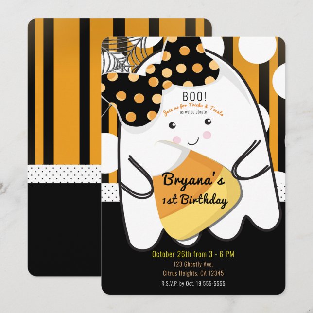 Invitation Boo Cute Girl Ghost Halloween Anniversaire de enfa (Devant / Derrière)