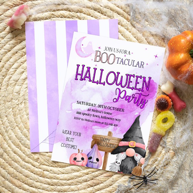Invitation BOO gnome violet aquarelle enfants halloween fête (Créateur téléchargé)