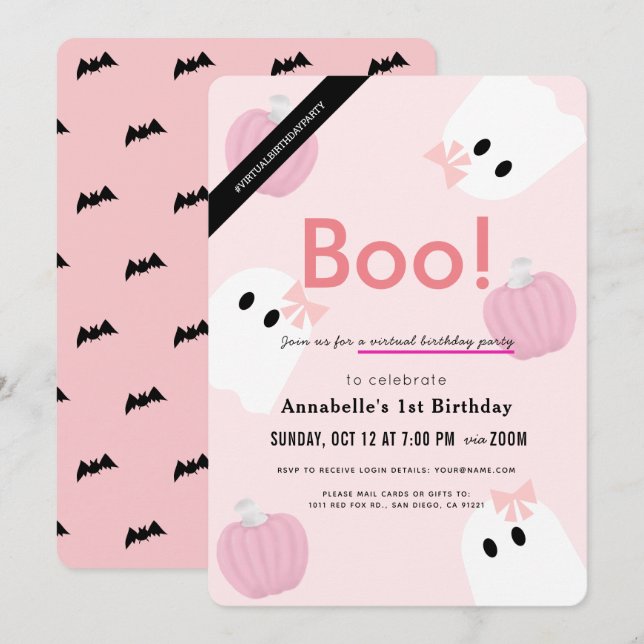 Invitation Boo ! Halloween Fille Fantôme rose Anniversaire vi (Devant / Derrière)