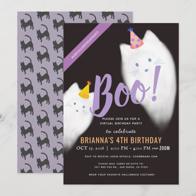 Invitation Boo ! Halloween Ghost Cat Anniversaire virtuel (Devant / Derrière)