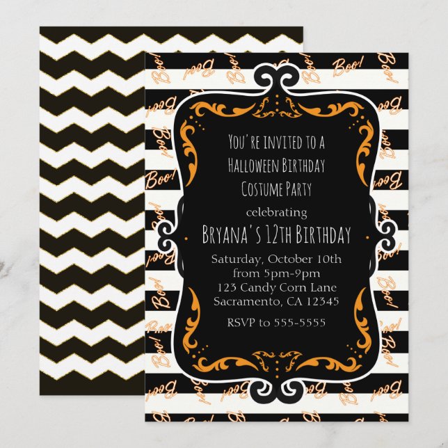 Invitation Boo rayé noir et orange Halloween capricieux (Devant / Derrière)
