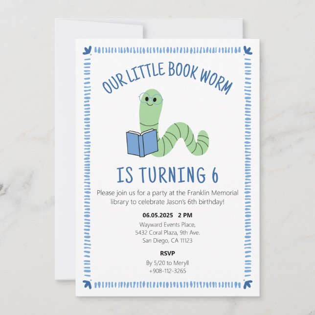 Invitation Book Worm Reading Lover Birthday Party Invite (Devant)