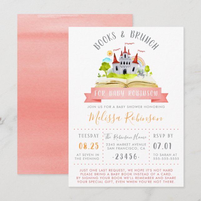 Invitation Books & Brunch aquarelle | Baby shower Red Unisex (Devant / Derrière)