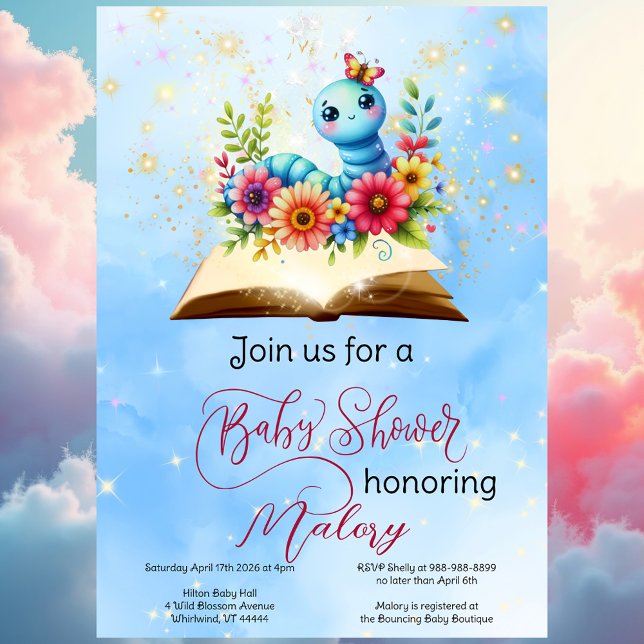 Invitation Bookworm Baby Magical Watercolor Baby shower (Floral Bookworm Baby Shower)