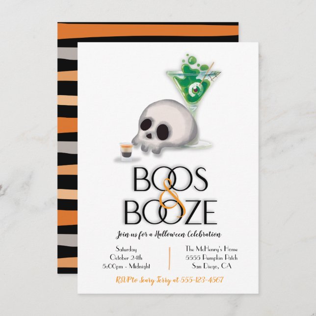Invitation Boos and Booze Cocktail Modern Halloween Party (Devant / Derrière)