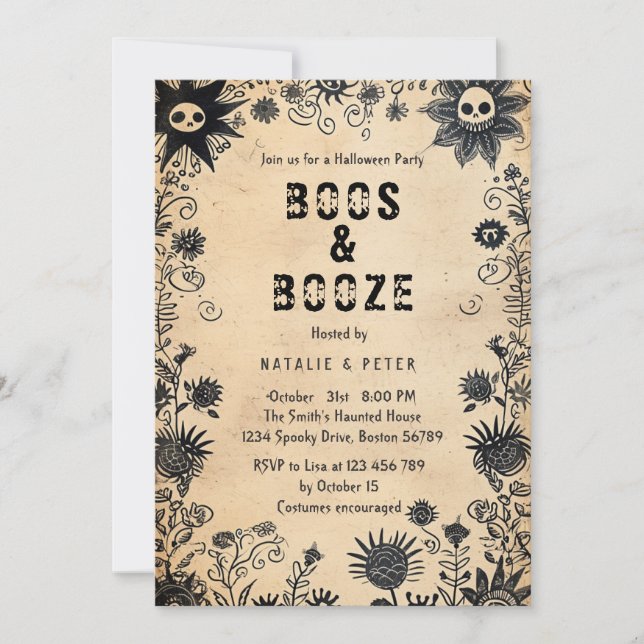 Invitation Boos & Booze I Fleurs Éffrayantes Fête d'Halloween (Devant)