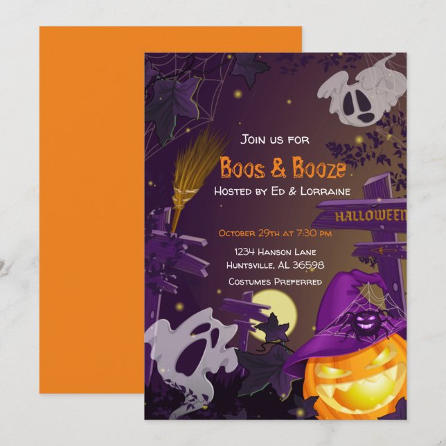 Invitation Boos et Booze Halloween Party (Devant / Derrière)