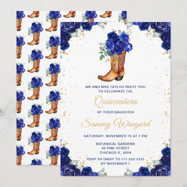 Invitation Boot en cowboy Floral bleu foncé et or Quinceañera (Devant / Derrière)