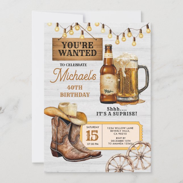 Invitation Boots & Beers Surprise Adulte 40e Anniversaire (Devant)
