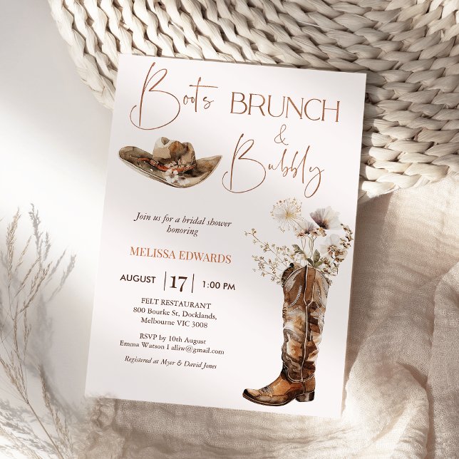 Invitation Boots beige Boho Brunch Fête des mariées Bubbly (Boots Brunch and Bubbly Bridal Shower Invitation Template, Wildflowers Cowgirl Boots Bridal Shower )
