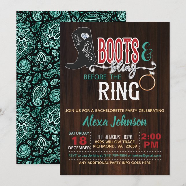 Invitation Boots & Bling avant l'invitation de l'anneau - Tur (Devant / Derrière)
