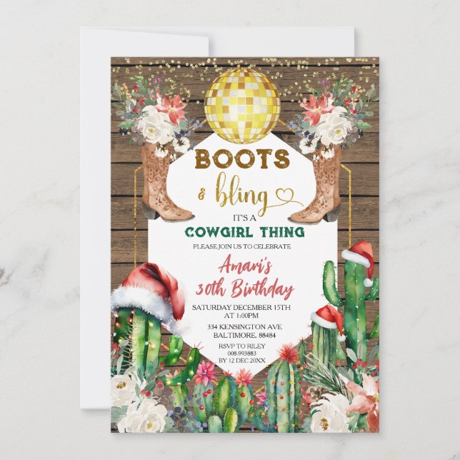 Invitation Boots & Bling Cowgirl Wood Noël 30e anniversaire (Devant)