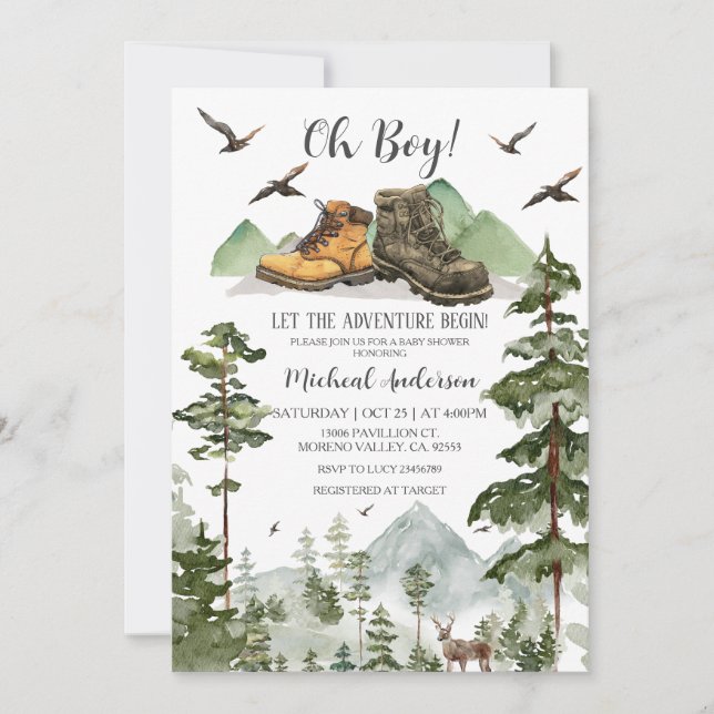 Invitation Boots Boy Pine Adventure Commencer le Baby shower  (Devant)