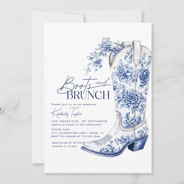 Invitation Boots & Brunch Fête des mariées Chinoiserie Bleue (Devant)