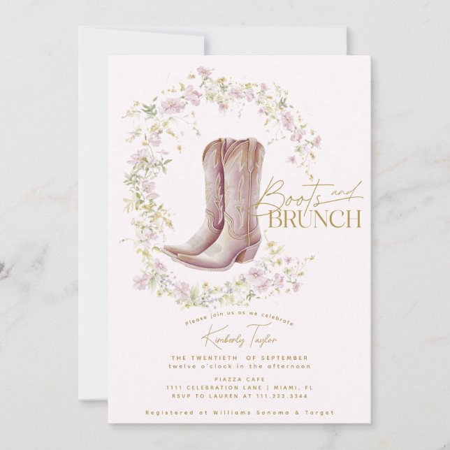 Invitation Boots & Brunch Fleur sauvage rose Fête des mariées (Devant)
