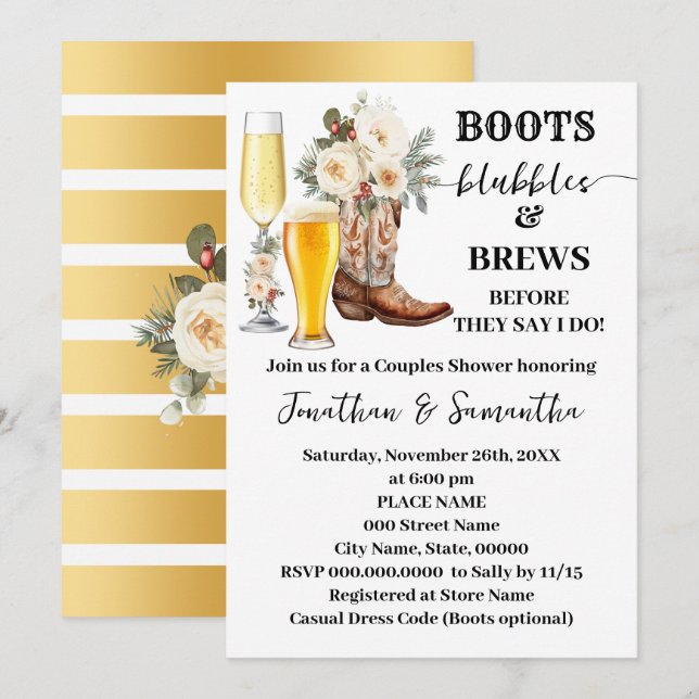 Invitation Boots Bubbles & Brews Winter Bridal Shower (Devant / Derrière)