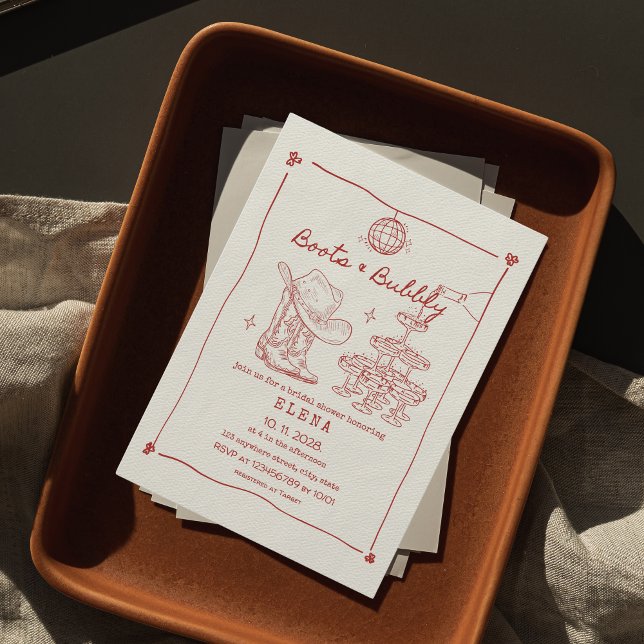 Invitation Boots & Bubbly Fête des mariées rouge tirée à la m (boots & bubbly bridal shower invitation last rodeo hand drawn red )