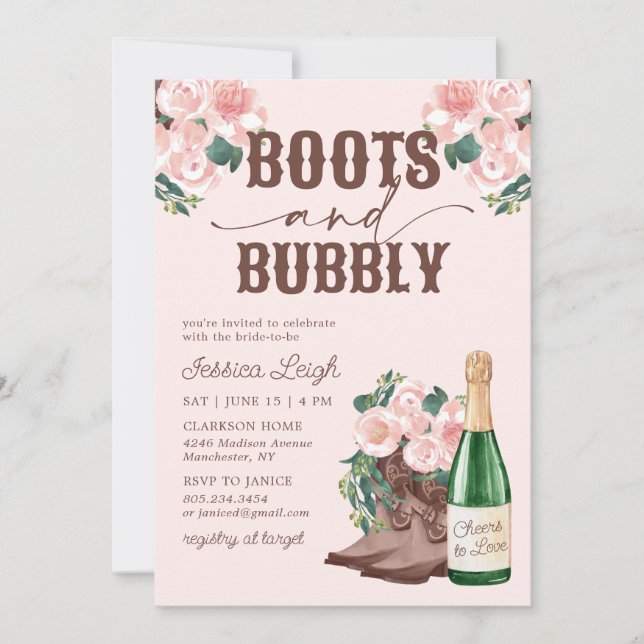 Invitation Boots & Bubbly Floral Champagne Fête des mariées I (Devant)