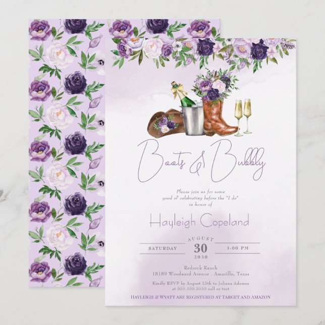 Invitation Boots Bubbly Rustic Country Fête des mariées occid (Devant / Derrière)