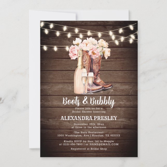 Invitation Boots & Bubbly Rustic Cowgirl FÊTE DES MARIÉES flo (Devant)