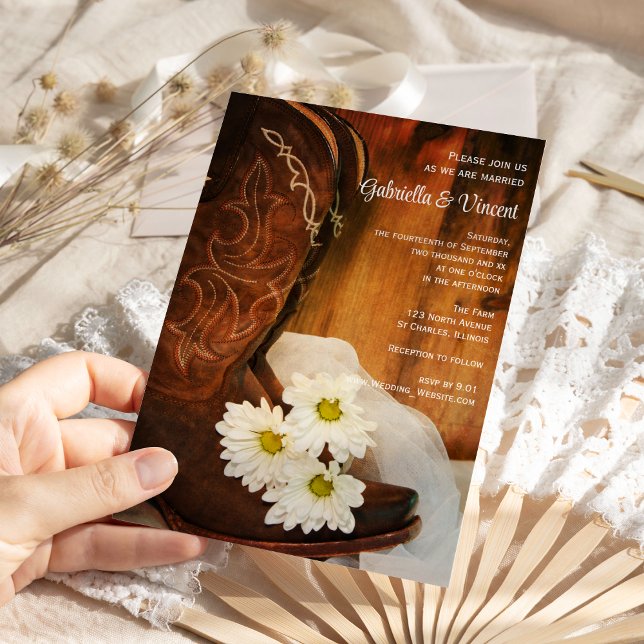 Invitation Boots de cowboy blanc de marguerites Pays Mariage  (Créateur téléchargé)