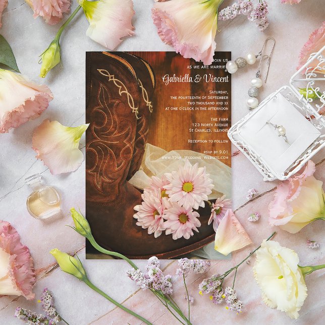 Invitation Boots de cowboy rose Daisées Mariage occidental (Créateur téléchargé)