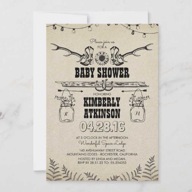 Invitation Boots de Cowboy Rustic Country Baby shower (Devant)