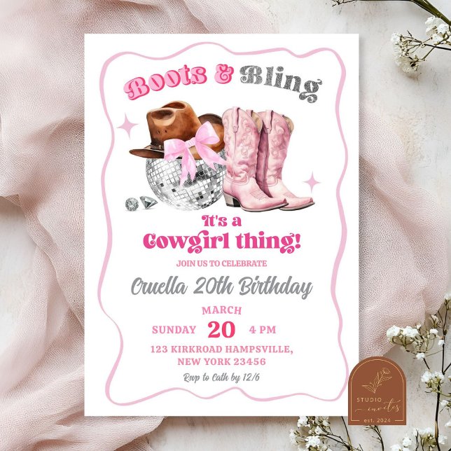 Invitation Boots de cowgirl de l'espace rose et Bling Anniver (Créateur téléchargé)