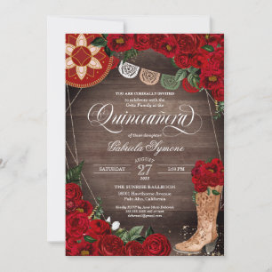 Invitation Boots de cowgirl Red Roses Western Charro Quinceañ