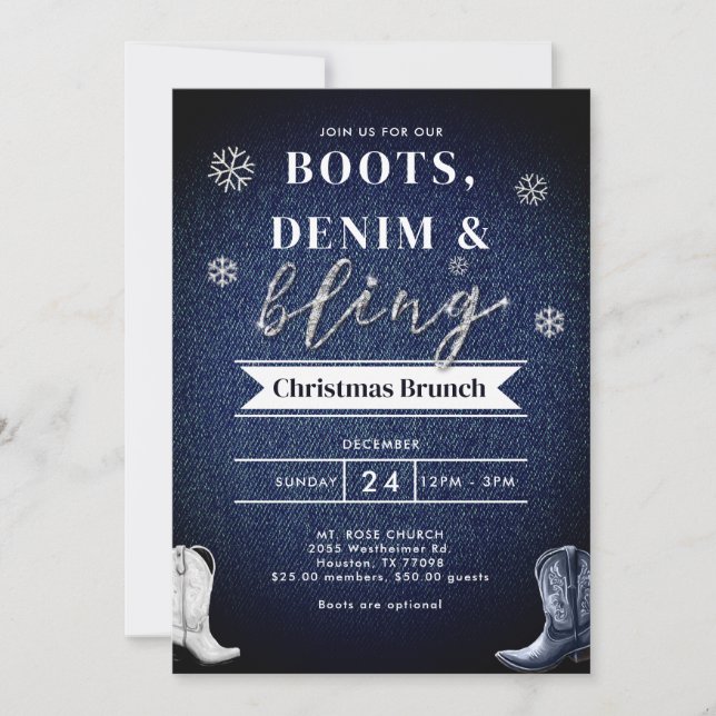 Invitation Boots Denim Bling Church Brunch Noël (Devant)