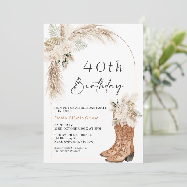 Invitation Boots floraux beiges Boho 40e anniversaire (Debout devant)